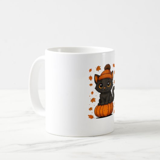 Mug Chat noir mignon assis sur Citrouille Automne esth (Devant gauche)