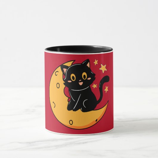 Mug Chat noir mignon assis sur la lune (Centre)
