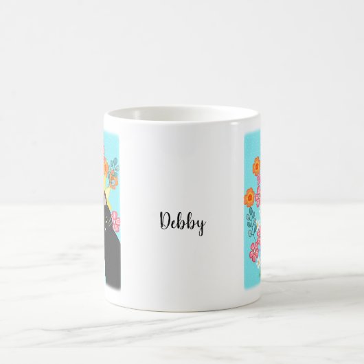 Mug Chat Noir mignon avec Tournesol floral clair perso (Centre)