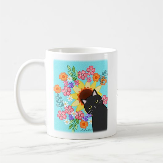 Mug Chat Noir mignon avec Tournesol floral clair perso (Gauche)