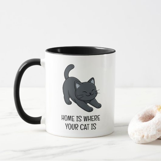 Mug Chat noir s'étirant Texte personnalisé (Avec donut)