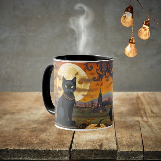 Mug Chat noir sous une lune de récolte et Citrouilles