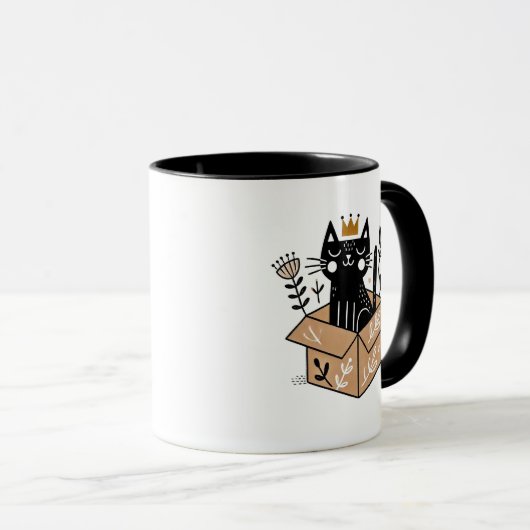 Mug Chat noir Whimsical dans une boîte avec couronne (Devant droit)