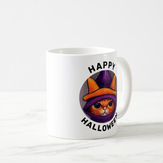 Mug Chat orange avec sorcière violette Casquette Hallo (Devant droit)