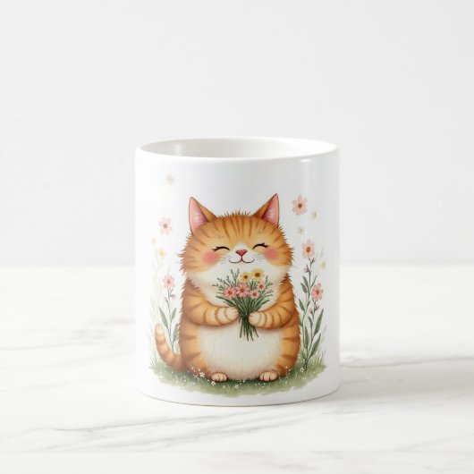 Mug Chat orange avec un bouquet de fleurs (Centre)