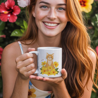 Mug Chat orange entouré de fleurs d'Hibiscus jaune