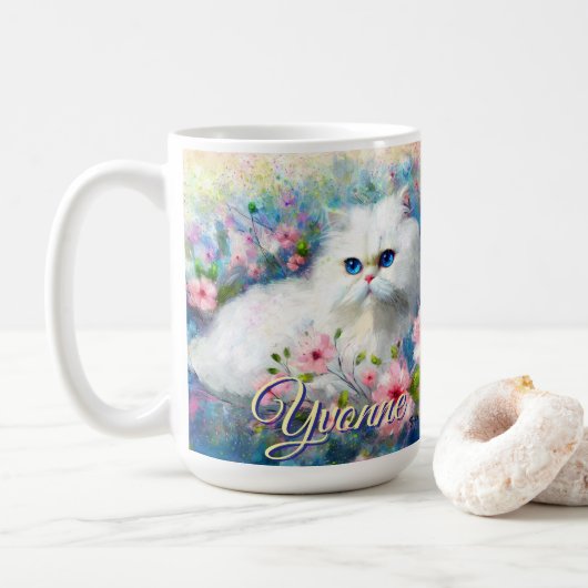 Mug Chat Persan Yeux Bleus dans des Fleurs Roses Perso (Avec donut)