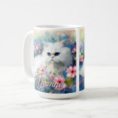 Mug Chat Persan Yeux Bleus dans des Fleurs Roses Perso (Devant gauche)