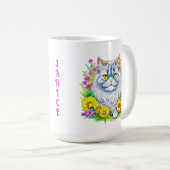 Mug Chat perse blanc en fleurs Personnalisé (Devant droit)