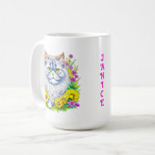 Mug Chat perse blanc en fleurs Personnalisé (Devant gauche)