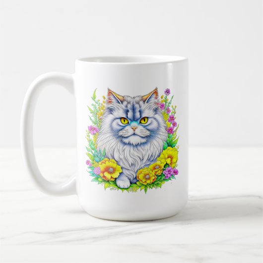 Mug Chat perse blanc en fleurs Personnalisé (Gauche)