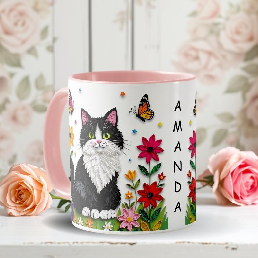 Mug Chat personnalisé, Fleurs et Papillons  