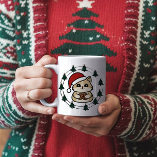 Mug Chat portant le casquette de Noël avec les arbres 