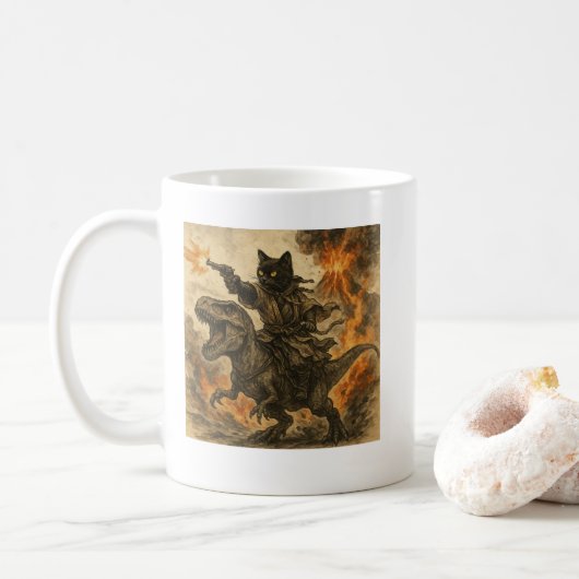 Mug Chat Samouraï chevauchant un dinosaure lors d'une  (Avec donut)