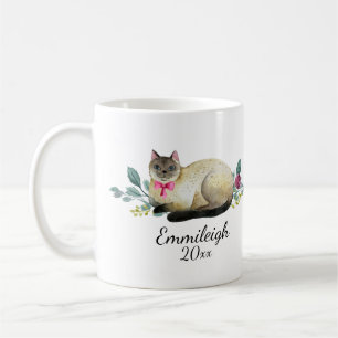 Mug Chat siamois personnalisé Fleurs violettes Blanc