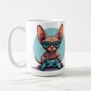 Mug Chat Sphynx tenant une manette de jeu