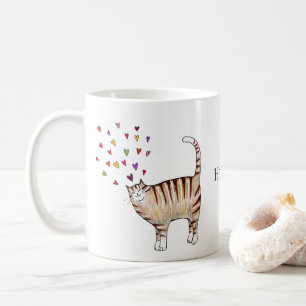 Mug Chat tigré brun avec nom personnalisé Cœurs