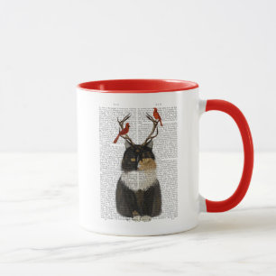 Mug Chat Tortoiseshell avec Antlers et Red Birds