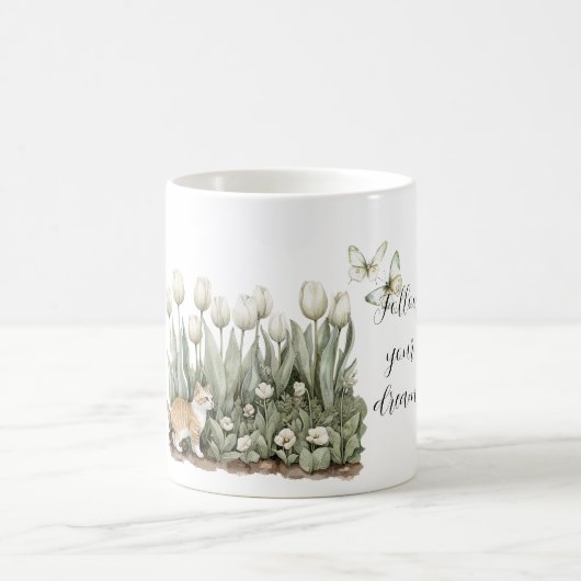 Mug Chat Tulipes Fleurs Menthe Papillons Blancs (Centre)