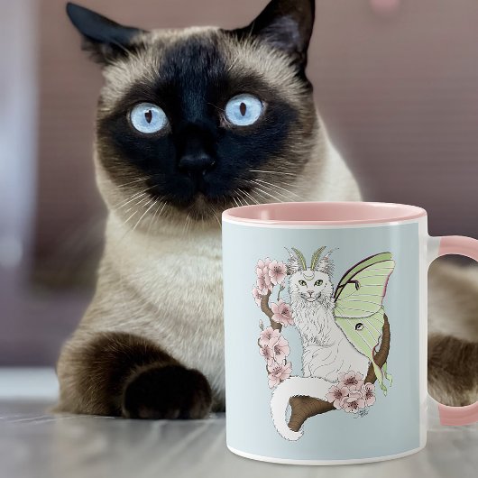 Mug Chat vert blanc Lune Papillon de nuit