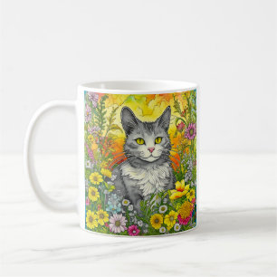 Mug Chat Whimsical Personnalisé et Fleurs