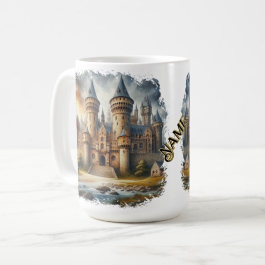 Mug Château médiéval au coucher du soleil avec ciel at (Devant gauche)