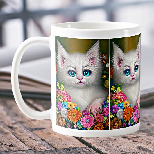 Mug Chaton Blanc Avec Fleurs