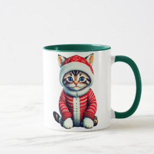 Mug Chaton dans un pull de Noël rouge et blanc