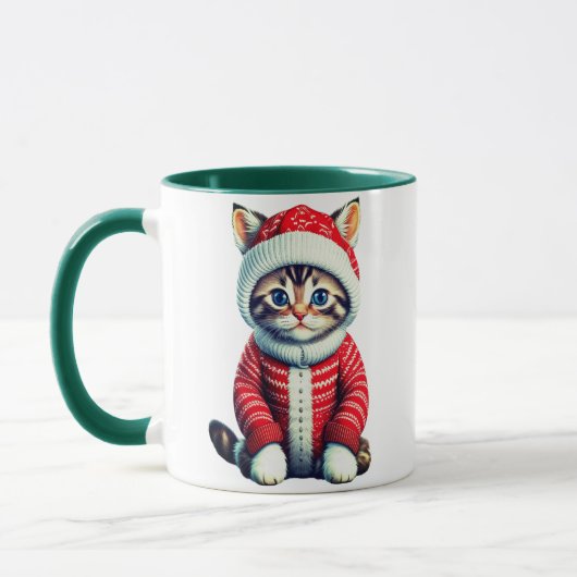 Mug Chaton dans un pull de Noël rouge et blanc (Gauche)