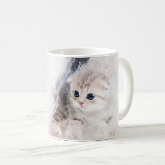 Mug Chaton jouant avec une boule de fil rose aquarelle (Devant droit)
