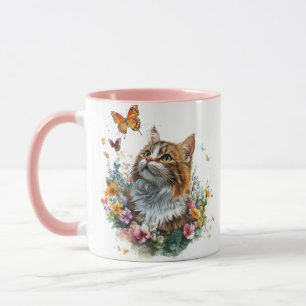 Mug Chaton Mignon avec Motif Floral et Papillon