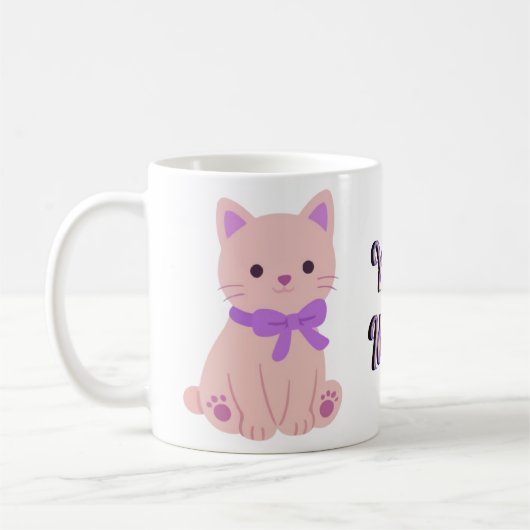 Mug Chaton Rose Assis Mignon Kawaii avec Nœud Papi (Gauche)
