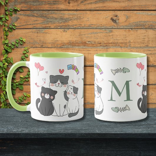 Mug Chatons Adorables Thème Monogramme Meow Coeurs