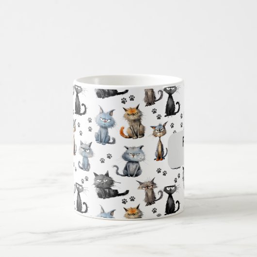 Mug Chats Avec Grumpy Scowling Visages Motif Avec Nom (Centre)