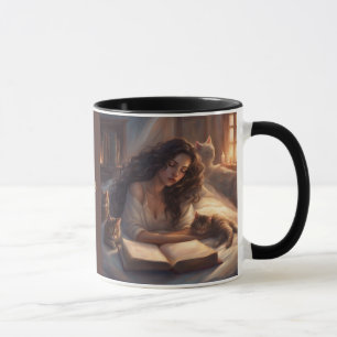 Mug Chats café & Livres femme lisant sur un lit avec d
