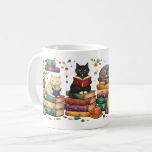 Mug Chats lisant des livres Scène de bibliothèque cosy