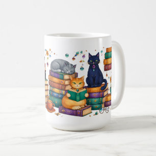 Mug Chats lisant des livres Scène de bibliothèque cosy