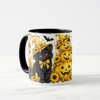 Mug Chats noirs d'Halloween jaunes et citrouilles tour