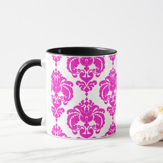 Mug Chaud rose & blanc Élégant Chic Damask Patte (Avec donut)