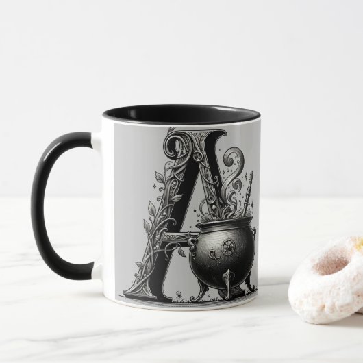 Mug Chaudière de sorcière Lettre A initiale personnali (Avec donut)
