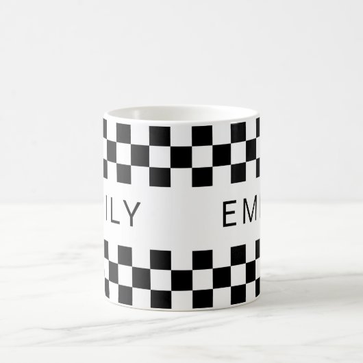 Mug Checkerboard moderne Ajouter un nom Noir Blanc (Centre)