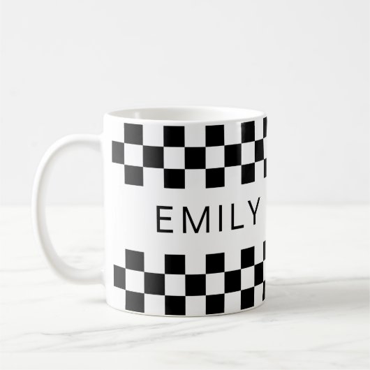 Mug Checkerboard moderne Ajouter un nom Noir Blanc (Gauche)