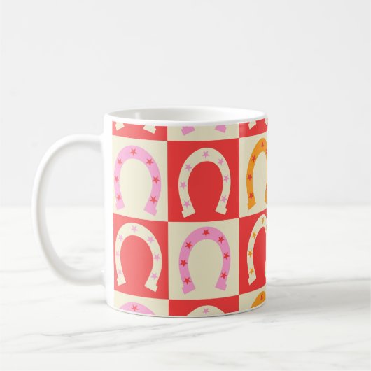 Mug Checkered Retro Horseshoe in Orange red and Pink  (Gauche)