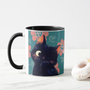 Mug Cheeky Little Black Kitten avec Arrière - plan flo