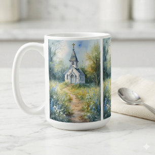 Mug Chemin rustique d'église dans une prairie de fleur