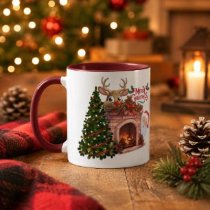 Mug Cheminée de Noël personnalisée avec rennes