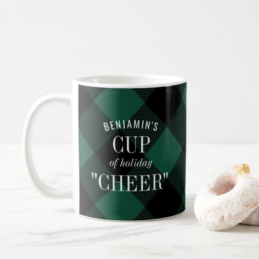 Mug Chèque de Buffle noir vert Plaid Funny Noël (Avec donut)