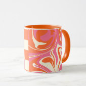 Mug Chèques et tourbillons - rose, orange et crème (Devant droit)