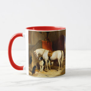 MUG CHEVAL BLANC AVEC CHIENS ET FALCONS EN STABLE