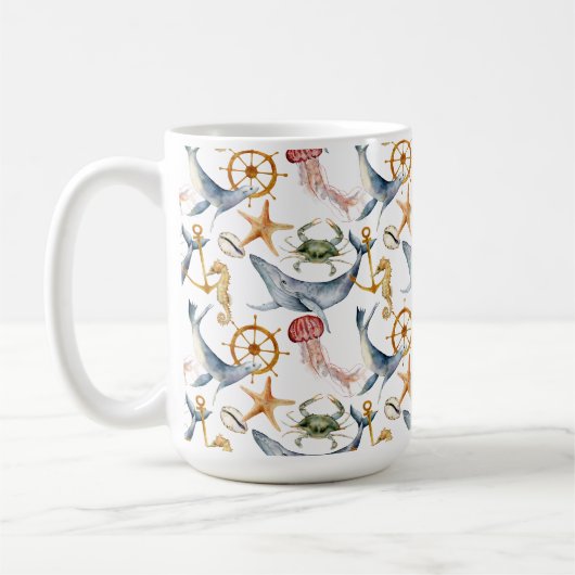 Mug Cheval de mer, Navires Roue, baleines, Crabe, Élev (Gauche)